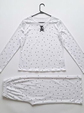Women's Size XL White Polka Dot Long-Sleeve Pajama Set